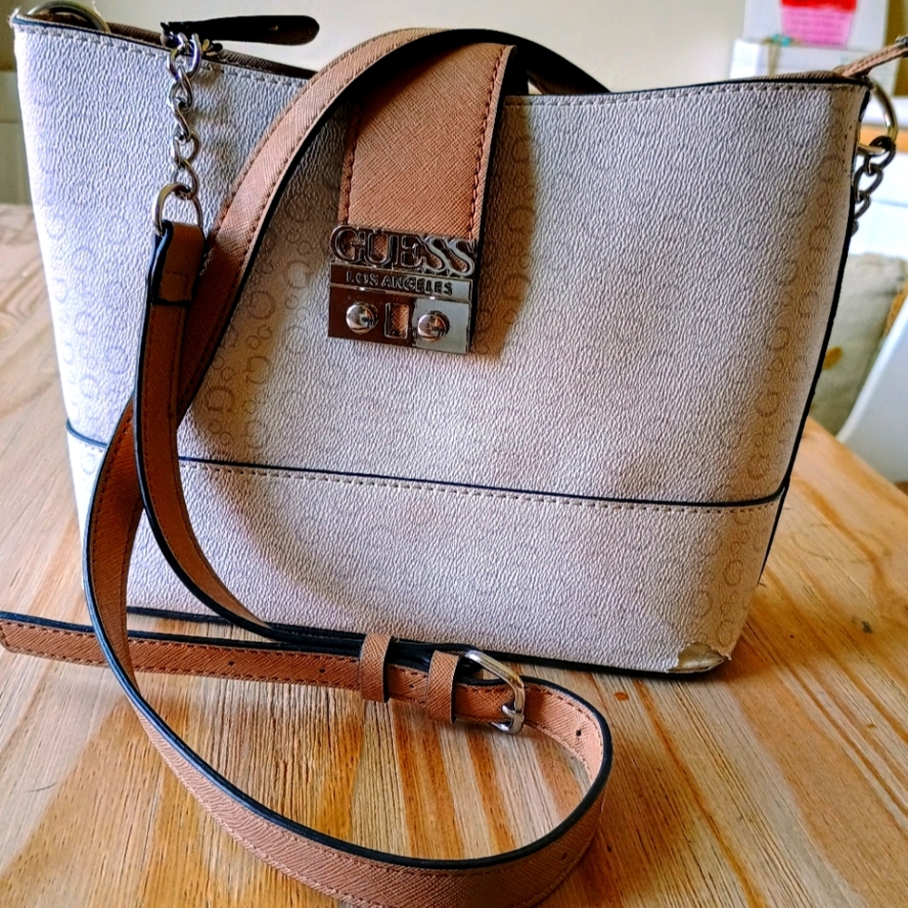 Leather Guess Shoulder Bag Tan and White